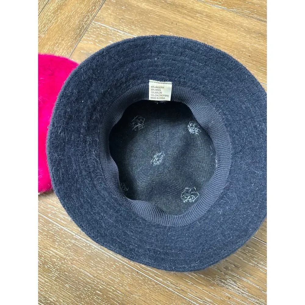 LOT x 2 Winter Hats Magenta Jeweled Bow Beret Cap & Navy Bucket Snowflake